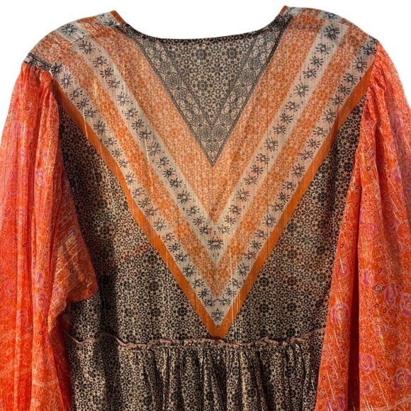 Free People Boho Chic Long-Sleeve Peasant Top With Orange & Black Patterned - Picture 5 of 14